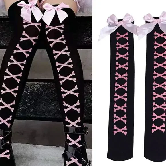 Thigh High Stockings Black with Pink bow, bones Goth Cosplay Hosiery NWT PUNK - Picture 2 of 3
